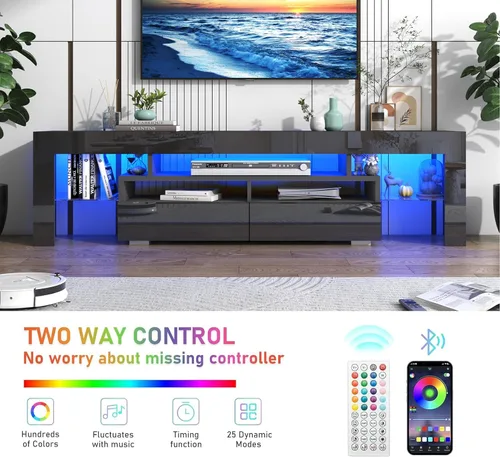 Miniatura 4 de Vinctik 6&Fox Soporte de TV negro para TV de 55/60/65 pulgadas, centro de entretenimiento moderno con 2 cajones de almacenamiento y luz LED, mueble