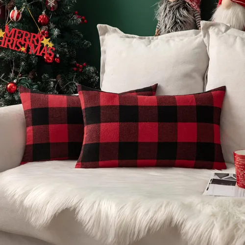 Miniatura 12 de MIULEE - Paquete de 2 fundas de almohada decorativas clásicas de Navidad de lino y poliéster a cuadros de granja, color negro sólido y rojo