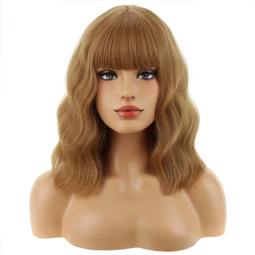 BERON 14 Inches Ash Blonde Wig with Bangs Short Curly Wig Short Ash Blonde Bob Synthetic Wigs for Women Daily Halloween Party or Cosplay Hairnet