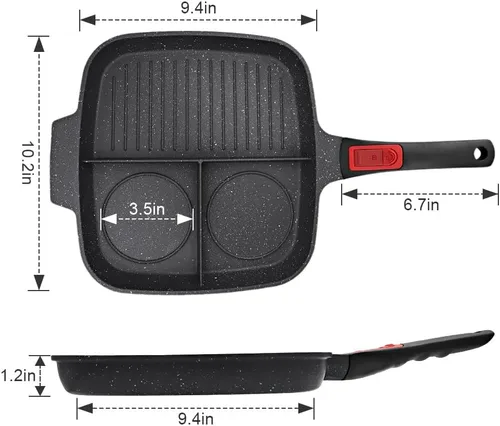 Miniatura 6 de Sartén Parrilla 3 en 1 para Estufas con Mango Desmontable, Plancha Versátil Antiadherente Dividida, Sartén Cuadrada Libre de PFOA, Negro