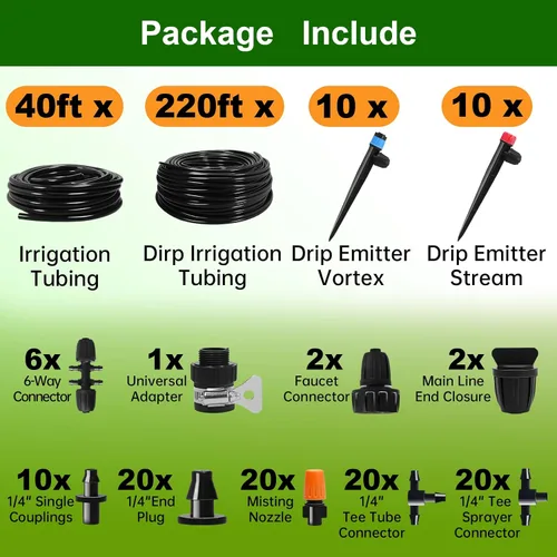 Miniatura 7 de Kit de sistema de riego por goteo de 260 pies, sistema automático de riego de jardín con tubo de 2/5 pulgadas y 1/4 pulgadas para invernadero