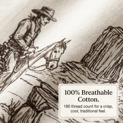 Miniatura 5 de Tumbleweed Trail (juego de sábanas) - Vaquero occidental vintage - marrón crema - Juego de sábanas matrimonial de 4 piezas - Sábana superior