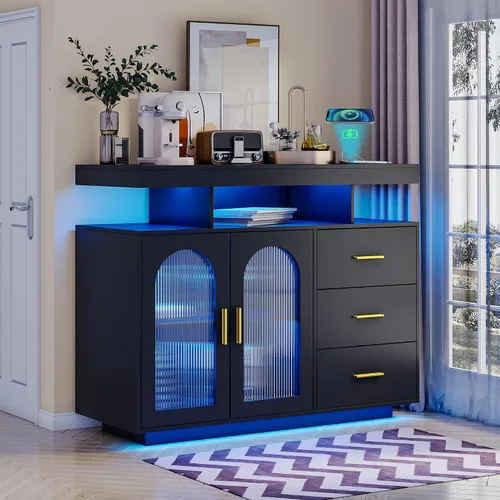 Gurexl Gabinete de buffet LED de 40 pulgadas con estación de carga inalámbrica, sensor automático RGB de 20 colores regulable con inducción de