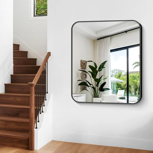 Miniatura 5 de Espejo de baño de 40 x 36 pulgadas, espejo rectangular de pared negro con marco de metal, espejo de tocador rectangular con esquinas redondeadas