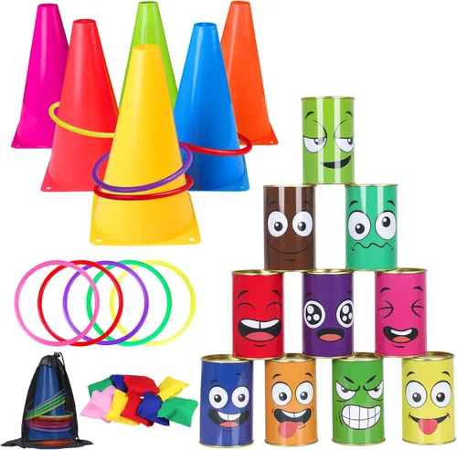 Juego de 36 juegos de carnaval 4 en 1 para lanzar bolsas de frijoles de plástico, juego de lanzamiento de anillo de cono de plástico para interiores