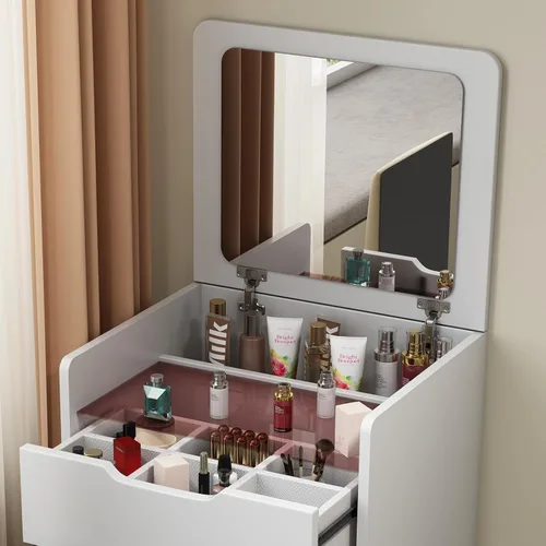 Miniatura 4 de Escritorio de tocador, juego de tocador de maquillaje 3 en 1 con escritorio de vidrio visible, pequeño escritorio de tocador con 3 cajones y luces