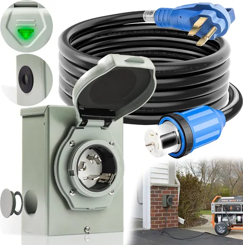 Miniatura 10 de Cable generador de 30 amperios y caja de entrada de alimentación [preperforada], cables de generador de 25 pies de 30 amperios, 125/250 voltios