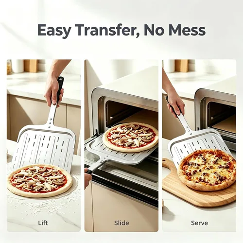 Miniatura 5 de Pala de pizza de 12 pulgadas, pala grande de aluminio para pizza con mango ergonómico largo y superficie antiadherente perforada, accesorios