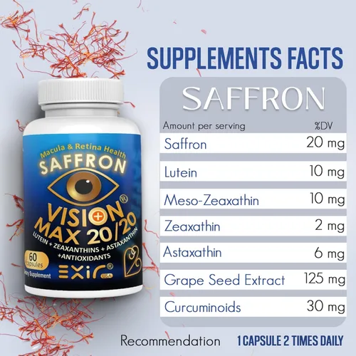 Miniatura 2 de EXIR Suplemento para los ojos Luteína, Astaxantina Zeaxantina, Azafrán Apoya la salud ocular, comodidad visual y enfoque, cápsula VM20-60