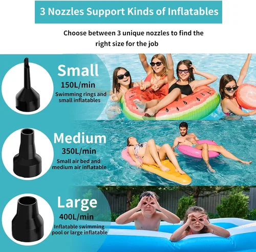 Miniatura 2 de Bomba de aire para inflables, bomba de colchón de aire eléctrica con 3 boquillas, inflador portátil de llenado rápido para barco inflable, camas
