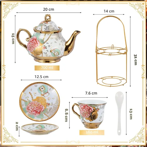 Miniatura 2 de Zhehao Juego de té de porcelana de 20 piezas con soporte de metal y cuchara para adultos, juego de té de cerámica para adultos, pintura de flores