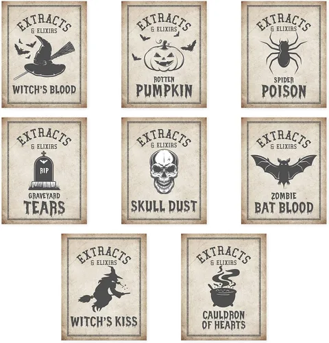 Andaz Press Paquete de 16 etiquetas adhesivas para botellas de vino de Halloween envejecidas, botellas de poción, decoración de Halloween, Vintage