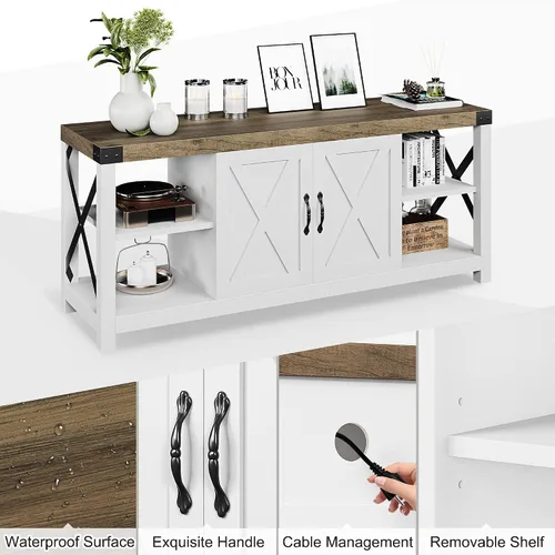 Miniatura 8 de IDEALHOUSE Soporte de TV blanco de 59 pulgadas para TV de hasta 65 pulgadas, gabinete de TV de madera de granja, centro de entretenimiento