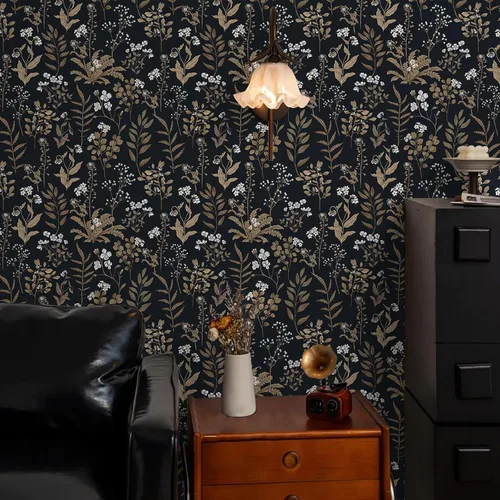 Miniatura 7 de Abyssaly Papel Tapiz Negro y Dorado Papel Tapiz Floral Oscuro Despegar y Pegar Papel Tapiz Vintage de Hojas Papel de Contacto Removible Autoadhesivo