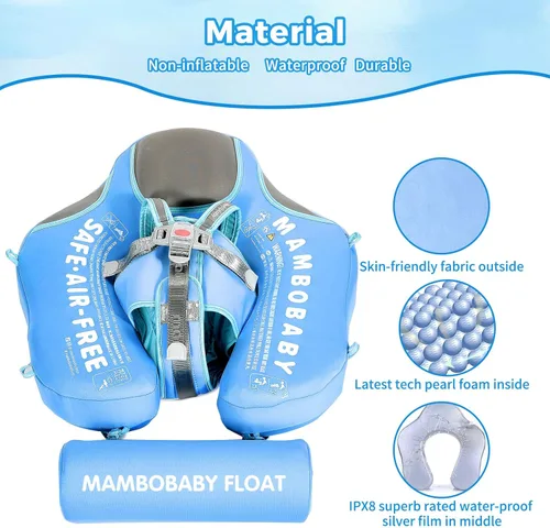 Miniatura 2 de Mambobaby - Flotador de piscina para bebé no inflable con cola y toldo, protección solar UPF 50+, sin volteo, flotador de natación para bebé, Azul