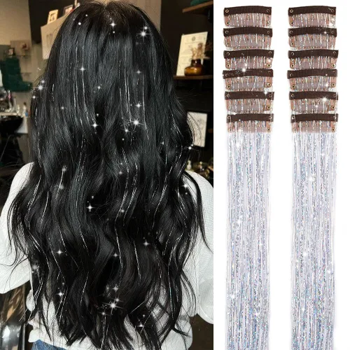 Miniatura 21 de Paquete de 12 extensiones de cabello de oropel con clip, paquete de 12 unidades, 20 pulgadas, extensiones de cabello de oropel con purpurina, negro#