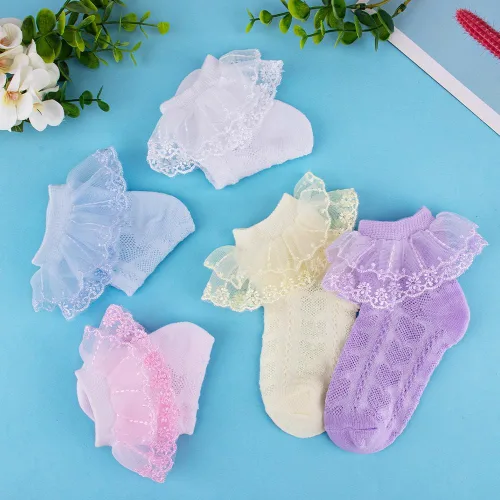 Miniatura 6 de Looching Calcetines con volantes de malla para bebé y niñas pequeñas, con ojales, de algodón, con volantes, 5 pares
