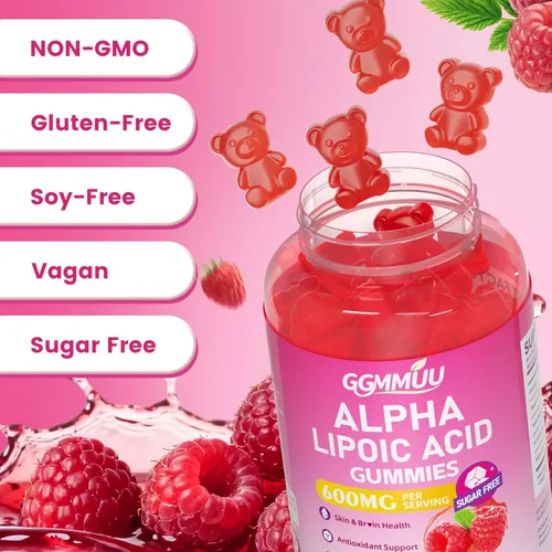 Miniatura 7 de Paquete de 2 gomitas de ácido alfa lipoico de 600 mg, suplemento de ALA masticable de alta absorción para antioxidantes, salud cerebral y apoyo