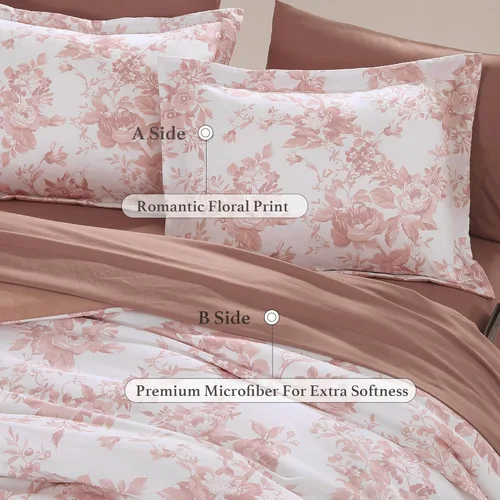 Miniatura 5 de BLOOMHAVEN Juego de edredón tamaño individual XL, juego de ropa de cama de 5 piezas con rosas florales para todas las estaciones, cama en una bolsa