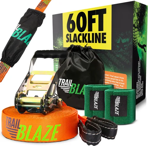 Kit completo de ninja Slackline – Línea de holgura de 60 pies para patio trasero para niños y adultos – Kit de protección de árboles más anchos para