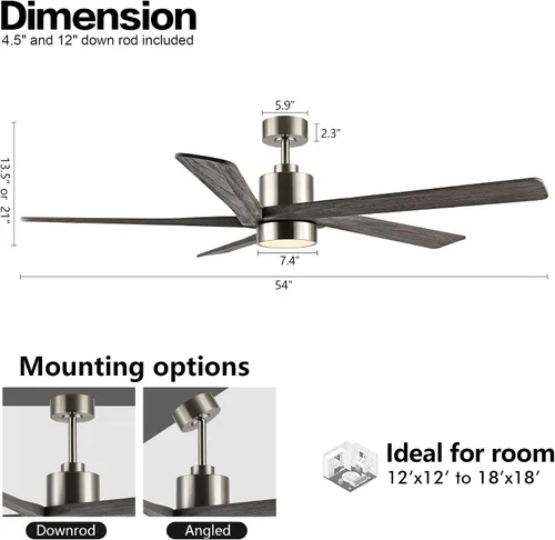 Miniatura 3 de WINGBO Ventilador de techo CC de 54 pulgadas con luces y control remoto, 5 cuchillas reversibles de madera tallada, motor de CC silencioso de 6