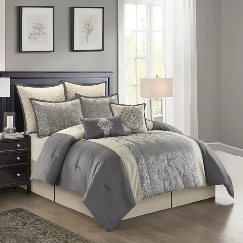 Miniatura 2 de Stratford Park - Juego de edredón de damasco de plata/marfil con mosaico, 8 piezas, funda de almohada de jacquard, falda de cama, almohada