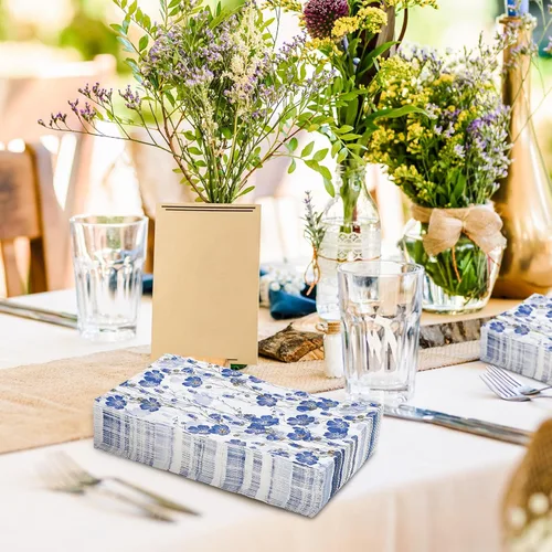 Miniatura 4 de AnyDesign Paquete de 80 servilletas de papel desechables con flores azules y blancas, servilletas de papel para cena, toallas de mano
