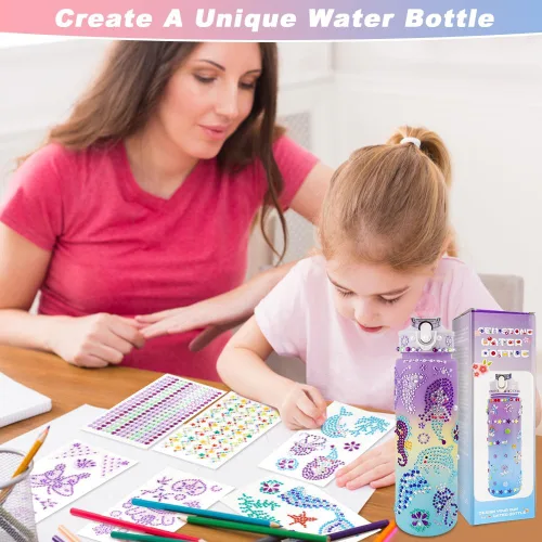 Miniatura 5 de iRFKCIOW Decora tus propios kits de botellas de agua para niñas de 4 a 12 años, botella de agua de bricolaje con calcomanías de gemas, pintura