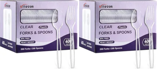 Miniatura 8 de Juego de 400 tenedores y cucharas de plástico transparente a granel, cucharas y tenedores desechables resistentes, cubiertos de plástico para fiestas