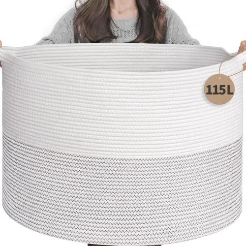 Miniatura 46 de INDRESSME Cesta de Cuerda de Algodón XXXLarge 21.7" x 21.7" x 13.8" Cestas Tejidas para Ropa de Bebé Cestas de Mantas Cesta de Juguetes con Textura