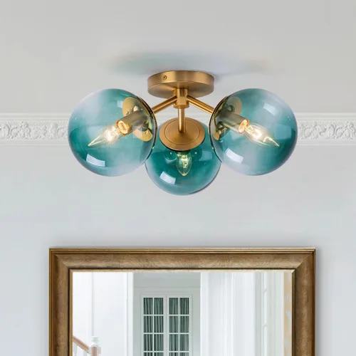 Candelabros Sputnik dorados con globo de vidrio azul, lámpara de techo empotrada con 3 luces de acento de flor de mediados de siglo, candelabros