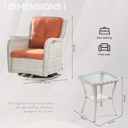 Miniatura 3 de Joyside Juego de 2 sillas giratorias para patio al aire libre y mesa auxiliar a juego, juego de 3 piezas de mimbre para patio con cojines de tela