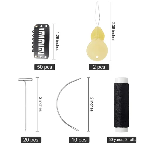 Miniatura 2 de Juego de 85 extensiones de cabello con clip, incluye 50 clips a presión en forma de U, 10 agujas curvas, 20 pines en T, 3 rollos de hilo de tejer, 2