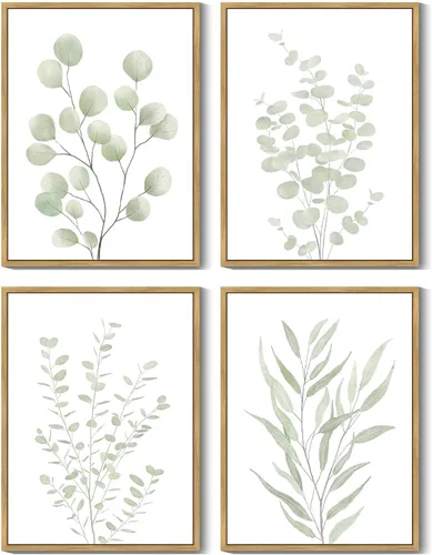 Miniatura 10 de KUVIOKE Arte botánico enmarcado bohemio para pared de plantas de baño, decoración de pared, impresiones de hojas de eucalipto verde salvia, estética