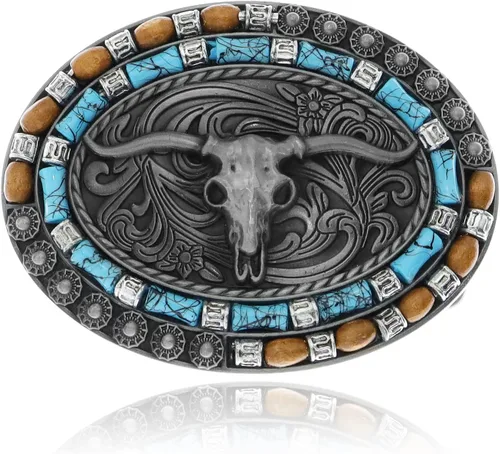 Miniatura 15 de RechicGu Hebilla de cinturón ovalada de calavera de toro de cuerno largo, cuentas de madera turquesa nativa americana, hebillas de vaquero