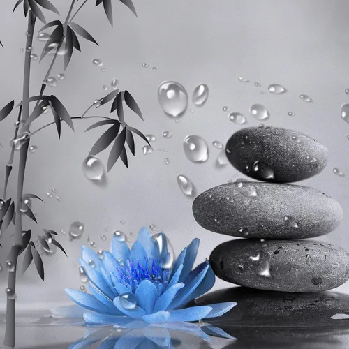 Miniatura 2 de LB Cortina de ducha de spa Zen azul y gris, piedra de bambú gris con flor de lirio de agua azul, cortina de ducha moderna para spa, decoración