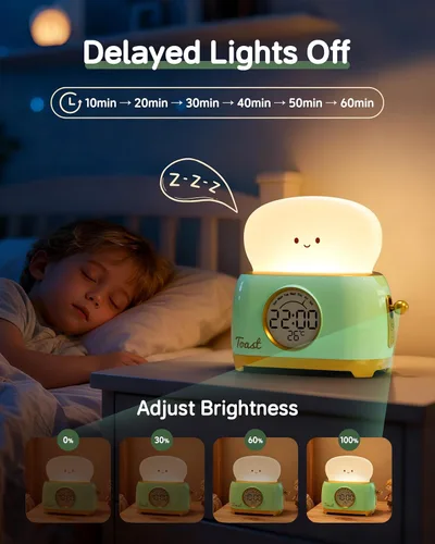 Miniatura 4 de Reloj Despertador para Niños, Lindo Reloj Despertador con Luz Nocturna de Tostada para Dormitorios, Reloj de Escritorio LED Pequeño Recargable