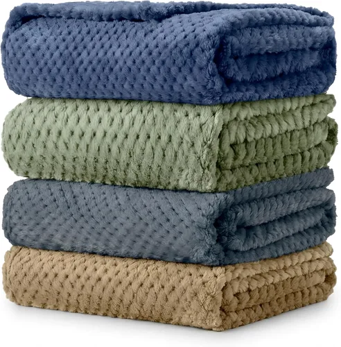 Reginary 4 Pack Fuzzy Blanket 30 x 40'' Waffle Flannel Baby Throw Blankets Warm Nursery & Crib Blankets for Girl & Boy Newborn Infant (Blue, Green,