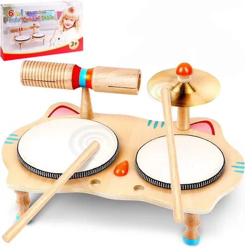 WINGYZ Juego de batería para niños, instrumentos musicales de madera 6 en 1 para niños pequeños de 1 a 3 años, juego de música Montessori para bebés