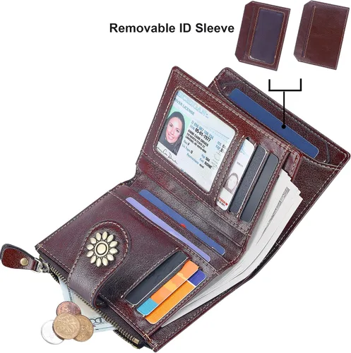 Miniatura 2 de Lavemi Cartera de cuero para mujer, pequeña, compacta, con bloqueo RFID, con bolsillo con cremallera