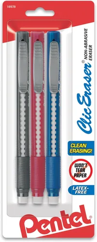 Miniatura 4 de Gomas de borrar de clic con mango estilo lápiz, surtidos, paquete de 3, Colores Variados Negro / azul