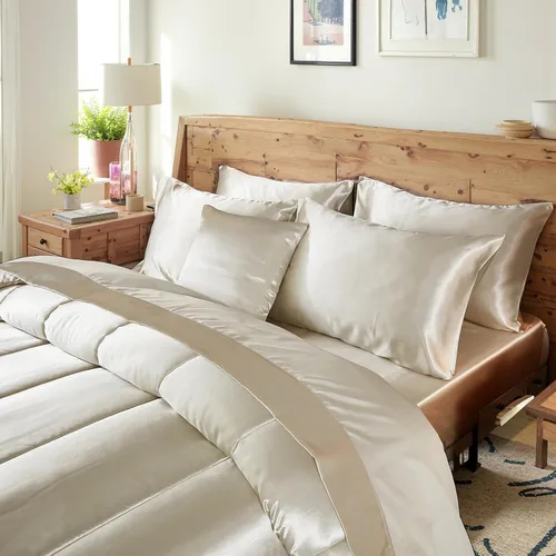 Miniatura 4 de Bedding Dreamer - Juego de edredón de satén, tamaño matrimonial, color beige, 8 piezas, juego de edredón sedoso de hotel de lujo