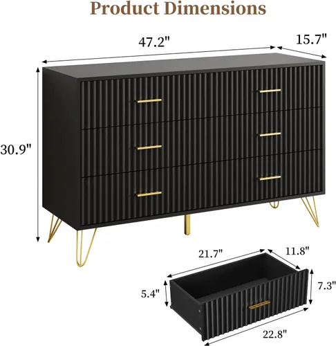 Miniatura 2 de JOZZBY Cómoda acanalada para dormitorio, cómoda negra de 6 cajones con asas doradas, cómodas de almacenamiento modernas y cómodas para pasillo