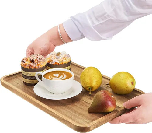 Miniatura 5 de YOUEON Juego de 2 bandejas de madera de acacia con borde elevado, bandeja rectangular de 14.2 x 9.5 pulgadas, plato de queso para aperitivo