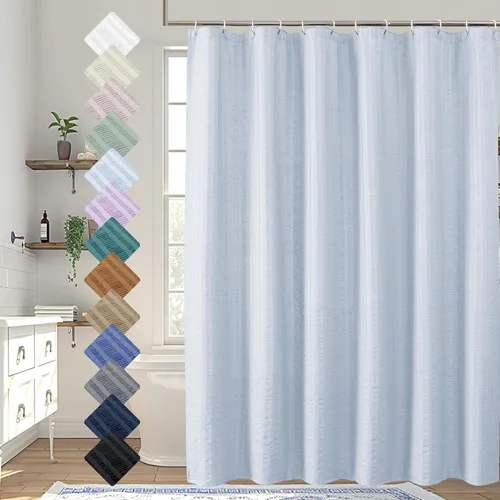 Miniatura 75 de Aiyufeng Moga - Cortina de ducha verde salvia, cortinas de ducha texturizadas en relieve 3D para baño, cortina de baño de tela de poliéster de lujo
