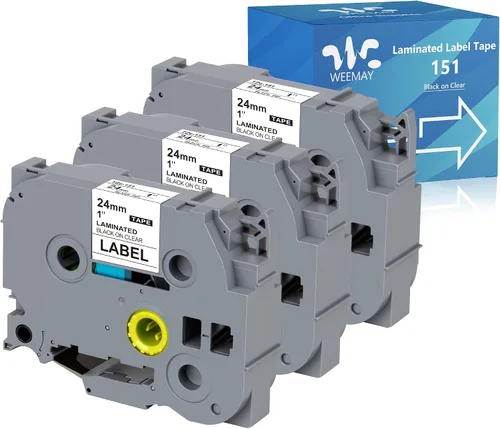 Weemay Paquete de 3 cintas de etiquetas laminadas negras sobre transparentes TZe151 de 0.94 pulgadas compatibles con Brother Label Maker Tape