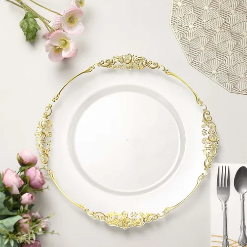 Tableclothsfactory Paquete de 6 platos barrocos redondos de oro transparente de 13 pulgadas, borde en relieve de hojas para decoración de mesa,
