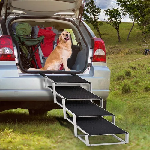 Miniatura 9 de Rampa para perros para automóvil, escalera extra ancha para perros grandes para automóvil, escalones para mascotas de aluminio ligero plegables