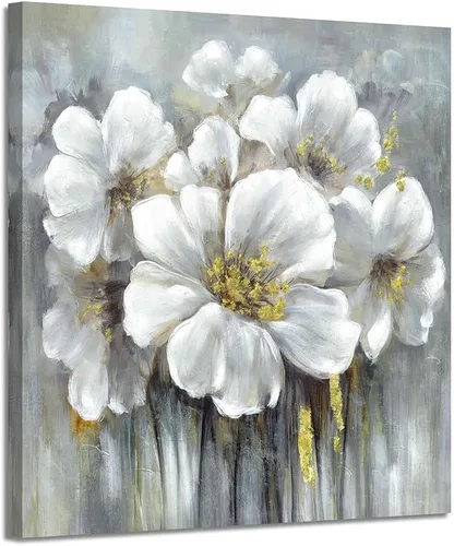 Miniatura 9 de Imágenes florales de madera enmarcadas: arte de pared de lirio blanco botánico con pinturas de lámina dorada sobre tablón de madera para dormitorio
