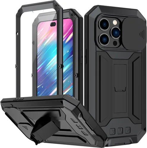 Simicoo Funda compatible con iPhone 14 con protector de cámara de pantalla con función atril, resistente al agua, de metal militar, resistente, con